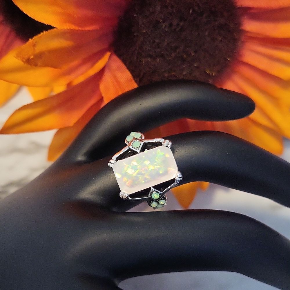 Rectangle White Opal Antique Silver Rings - Picture 8 of 12